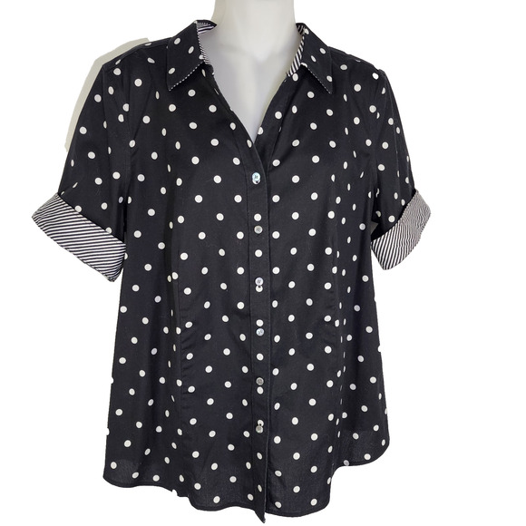 Talbots Women's Non Iron Perfect Shirt Polka Dot Black White Preppy Button Up 14 - Picture 1 of 11